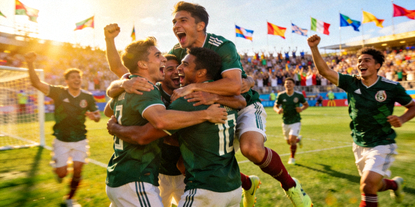 一群足球运动员在场上庆祝进球的欢乐场景